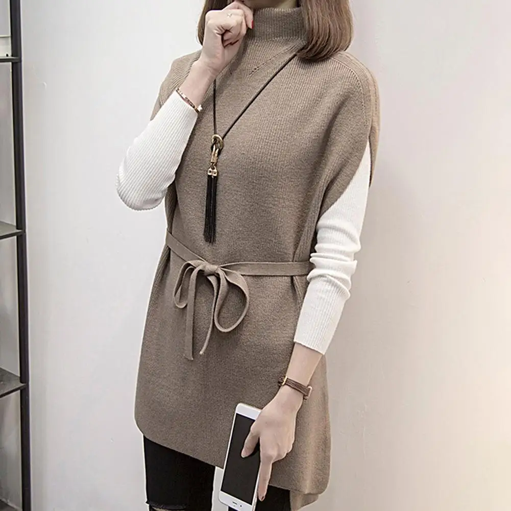 Women Sweater Vest Women\'s Turtleneck Sweater Vest Pullover Winter Knitted Dress Loose-Fitting Waistcoat Loose Dress Female Tops