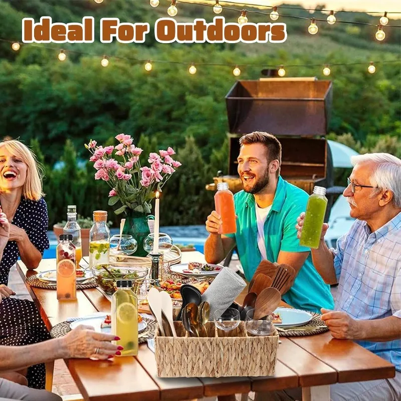 رف أدوات المائدة من الخيزران للحفلات مع مقبض منسوج وسلة نزهة منفصلة وأساسيات الحفلات الخارجية (5 مقصورات) وعملية مريحة