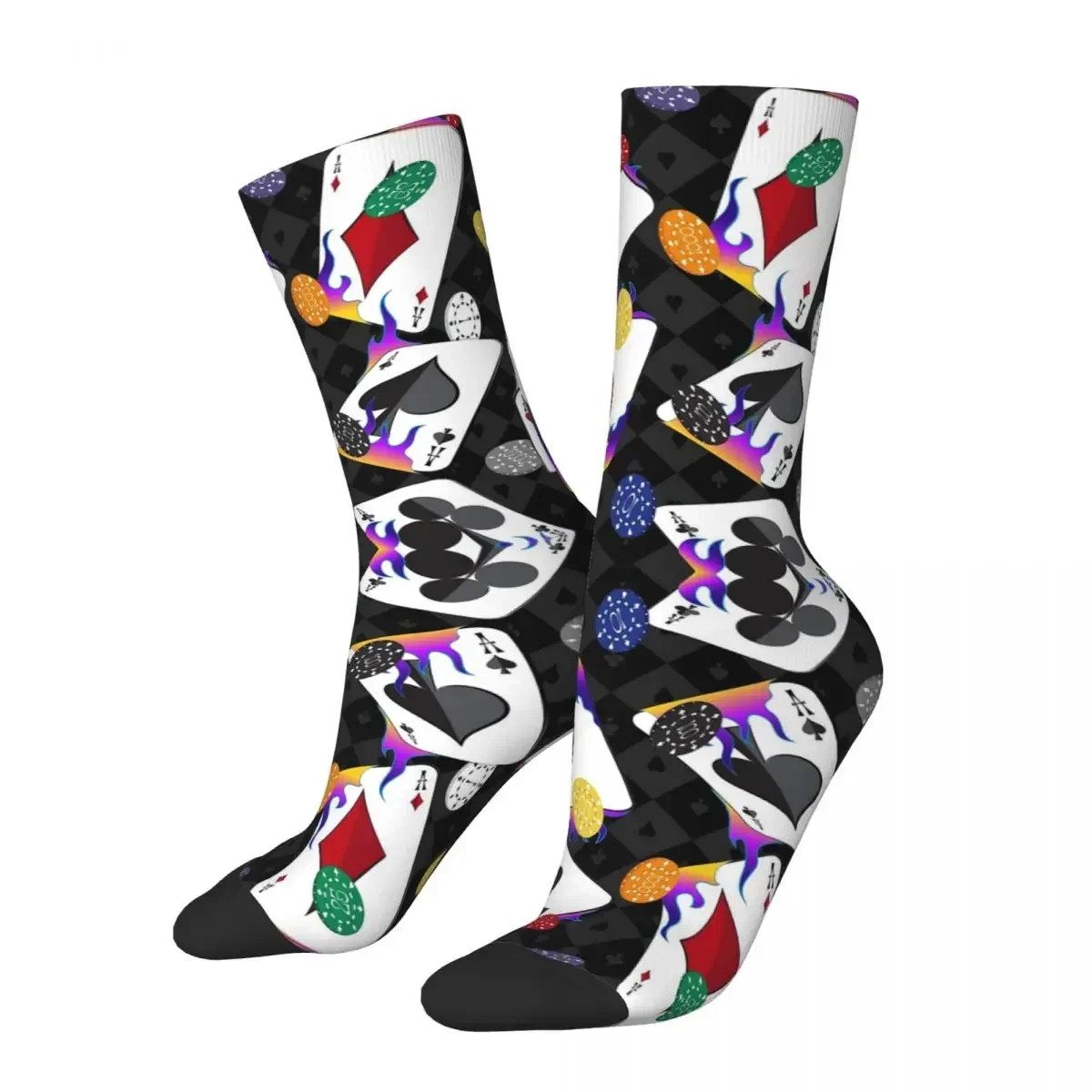 Pink Flaming Lucky Playing Cards Socks Harajuku High Quality Stockings All Season Long Socks for Man's Woman's Birthday Present