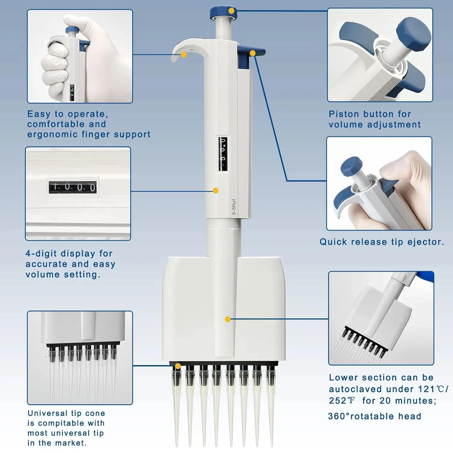 DXY 8 Channels Mechanical Adjustable Volume Autoclavable Micropipette Pipettor Pipet