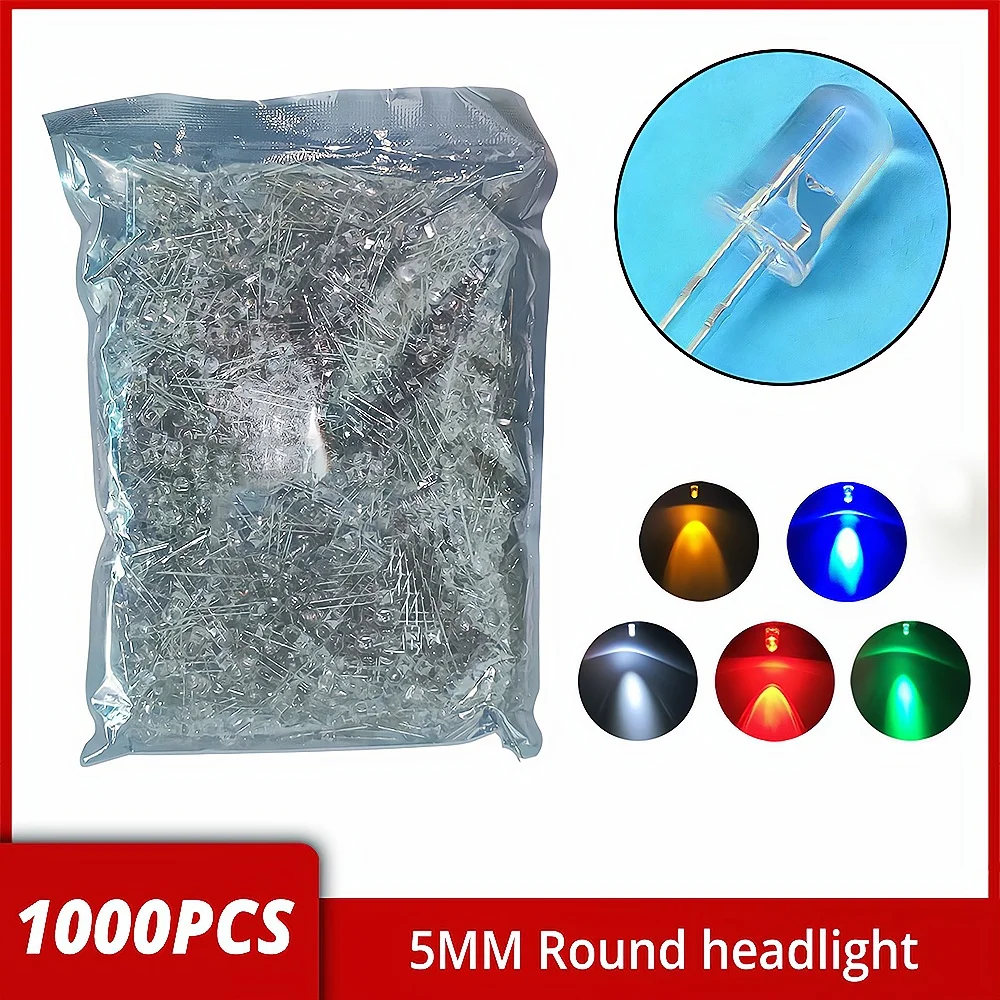 1000pcs F5 5mm Round White Red Green Blue Yellow Water Clear Led Super Bright Ligte Emitting Diodes 6000-6500k Lamp Bulb