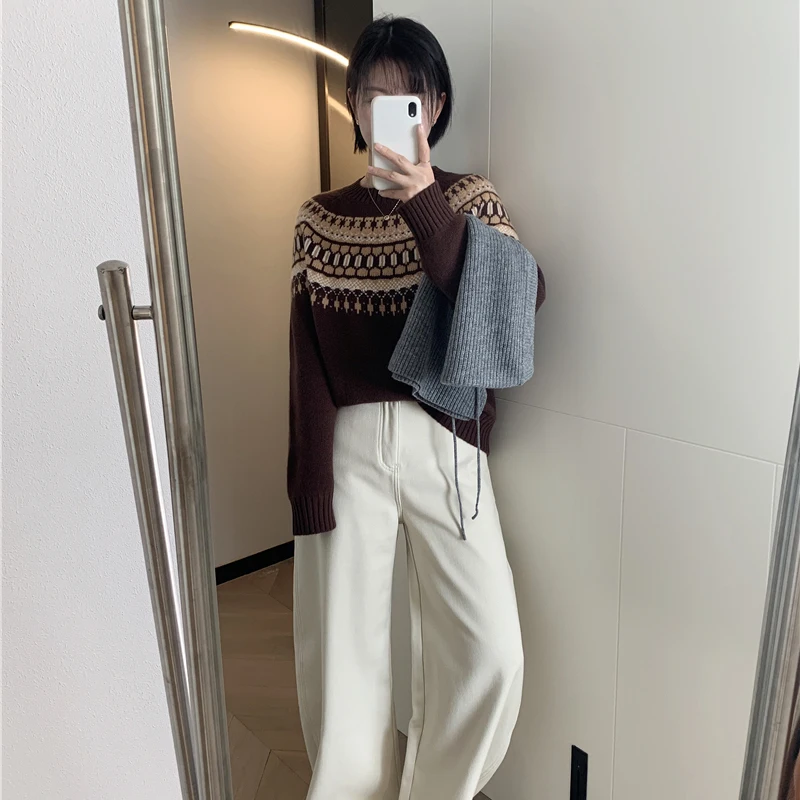 

Retro Chestnut Brown Fair Isle 00% Wool Loose round Ne Sweater Women's Comfortable Slimming Soft Long Sve Winter Top