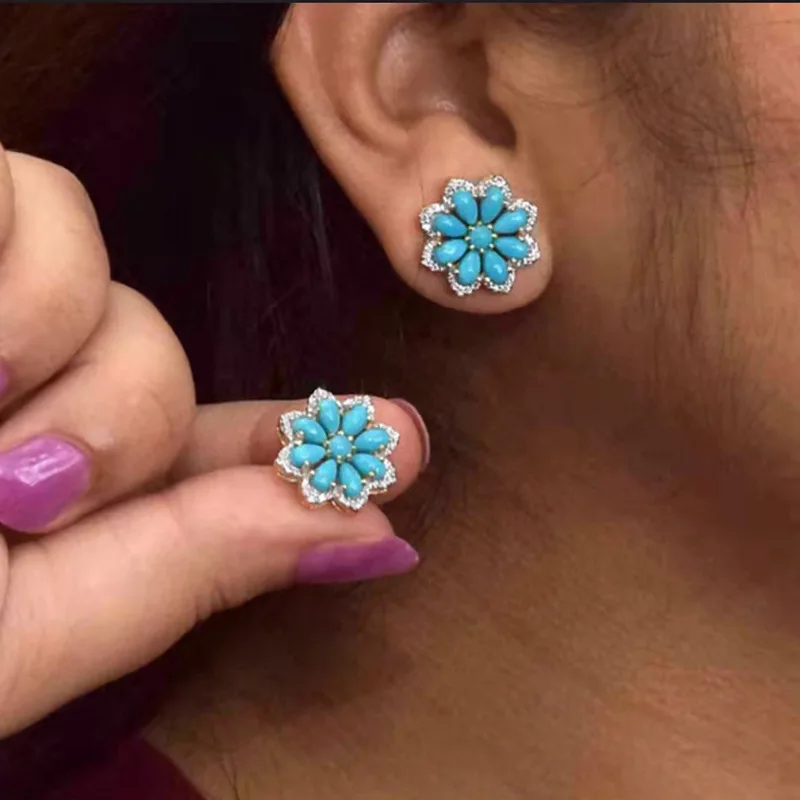 Boho Vintage Turquoise Stud Earrings for Women Snow Flower Earring Bridal Wedding Valentines Day Gift Jewelry Pendientes Mujer