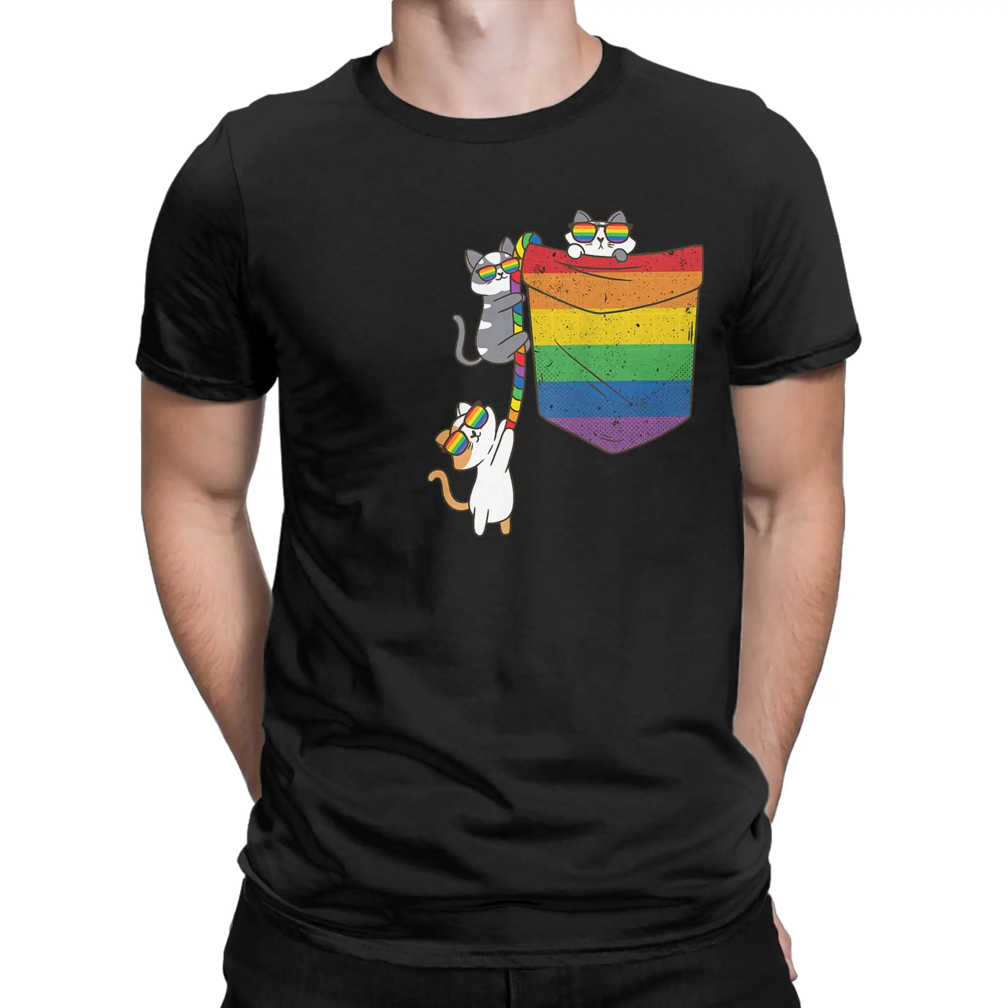 Funny Pocket Cute cat  Rainbow Funny 100% Cotton T-Shirt LGBT Pride Tops Tees For Men