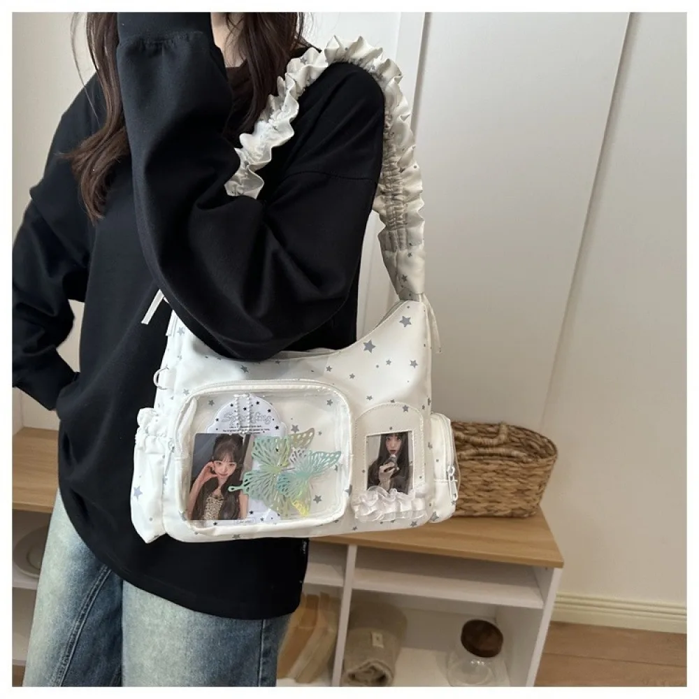 Y2K Rüschen-Stern-Itabag mit doppeltem Klarsichtfenster, Schultertasche, Kpop-Fotokarten-Hobo-Handtasche – Detail 2