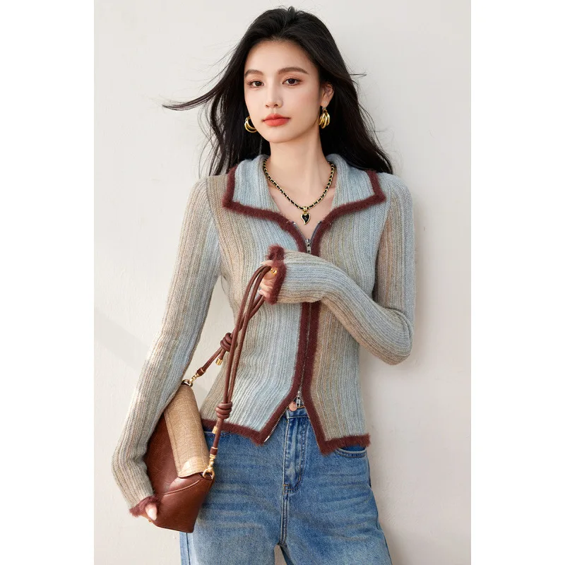 2024 Autumn and Winter New Unique American Retro Spice Girl Gradient Color Lapel Sweater Temperament Knitted Cardigan Woman