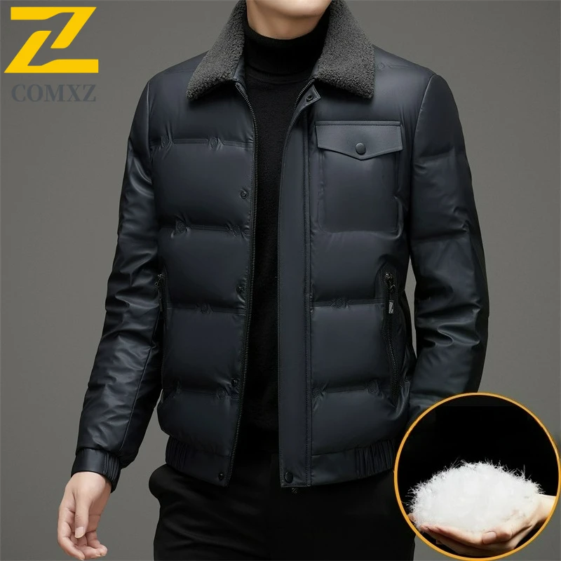 COMXZ Mens Short Down Jacket Fashion Detachable Fur Collar Travel Lightweight Leather Parka Leisure Office Windproof Winter Coat