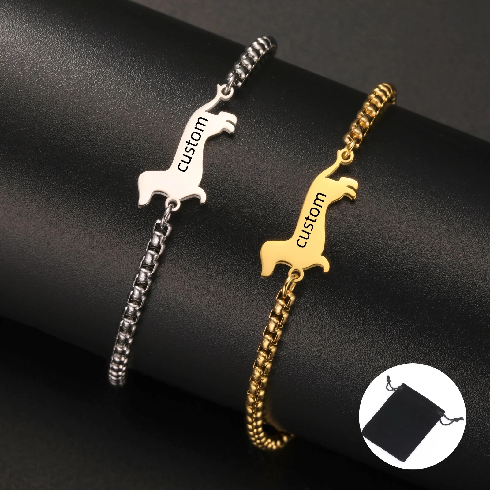 

Customized Name Date Sausage Dog Charm Bracelet Stainless Steel Personalized Pet Sausage Dog Bracelet Jewelry Gift