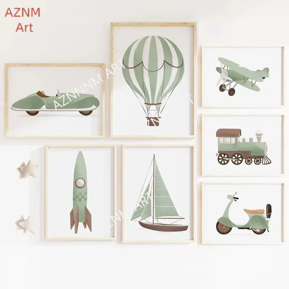 1pc Segelboot Rakete Heißer Luft Ballon Flugzeug Zug Auto Wand Kunst Nordic Poster Drucke Leinwand Malerei Cartoon Bilder Zimmer decor