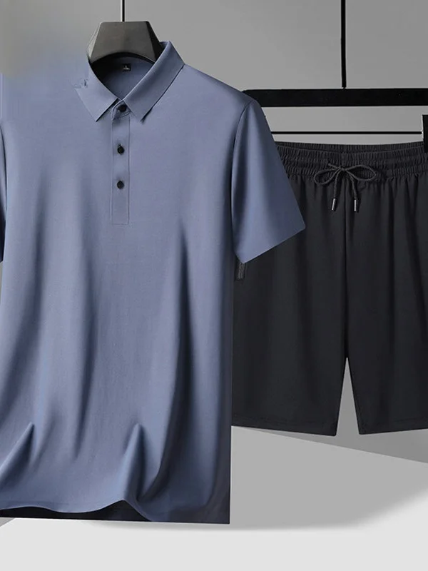 

Lormen Summer Ice Silk Men's Elastic irt Matures Stable ort Sve T-irt Set Casual Sports Polyester Fiber orts