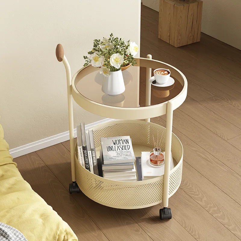 

French light luxury high-end sense removable glass trolley side table living room sofa small coffee table bedroom bedside table