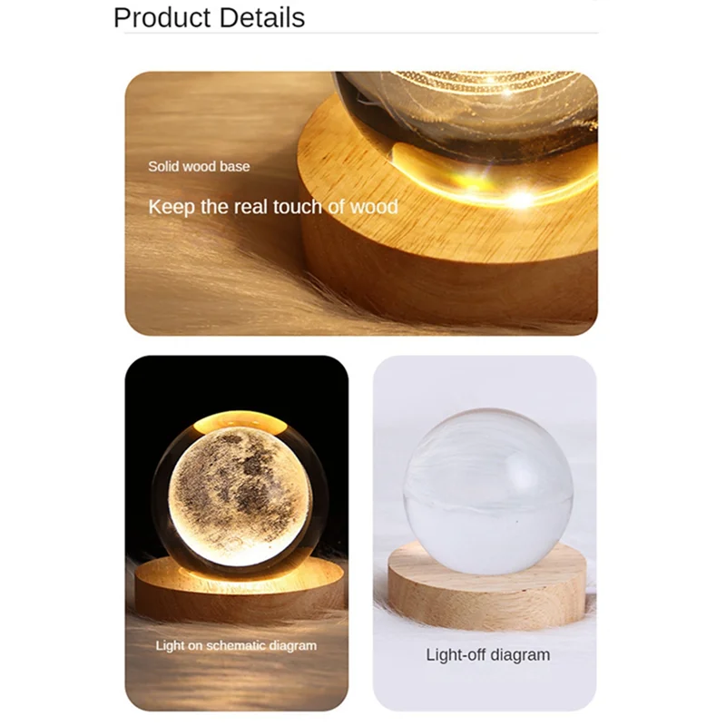 ABJS Crystal Ball Night Light with Base LED Table Lamp Lighted Stars Galaxy USB Power Warm Night Light Solar System for Kid