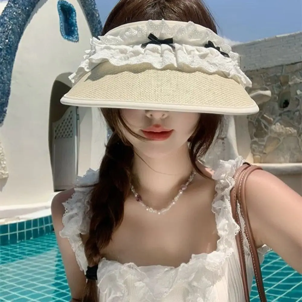 UV Protection Lace Bow-knot Empty Top Sun Hat Large Brim Breathable Beach Hat Lightweight UPF50+ Women's Hat For Outdoor Beach