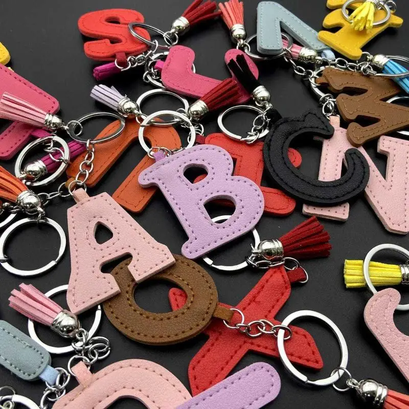 26 English Initial Letter Key Chain PU Leather Tassel Pendant Bag Charm Key Ring for Crossbody Shoulder Bag Decoration Accessory