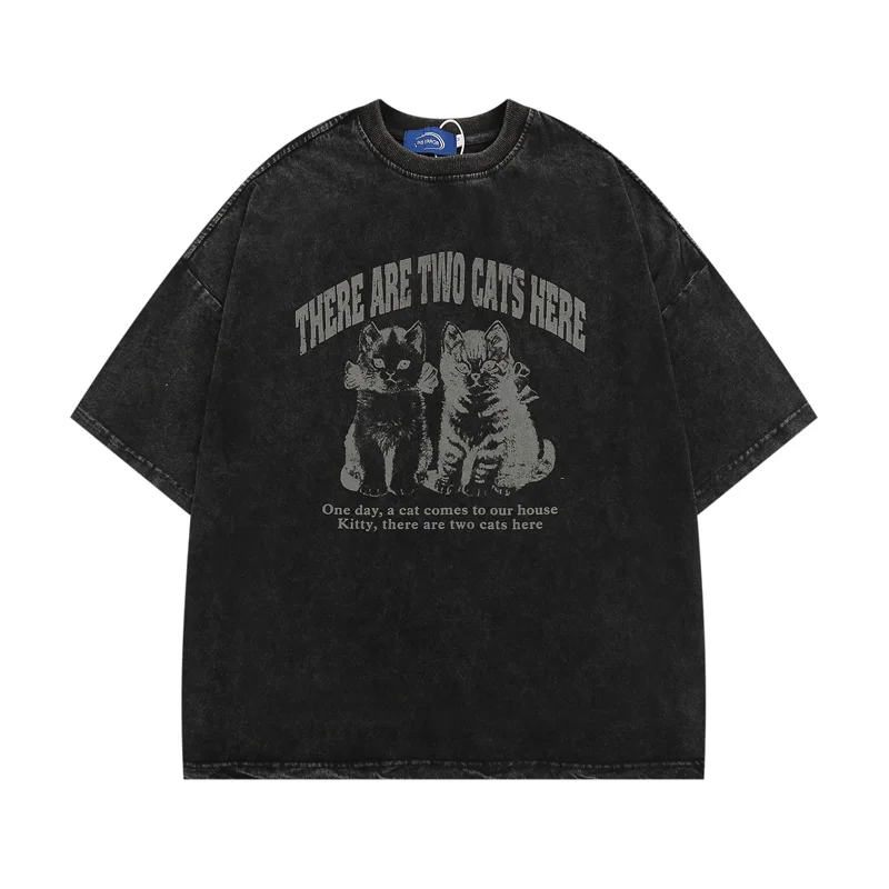 Men Streetwear Tshirt Kitty Cat Washed Black Graphic Harajuku Summer Cute Hip Hop Cotton Loose Tops Tees Y2k Aesthetic Clothing
