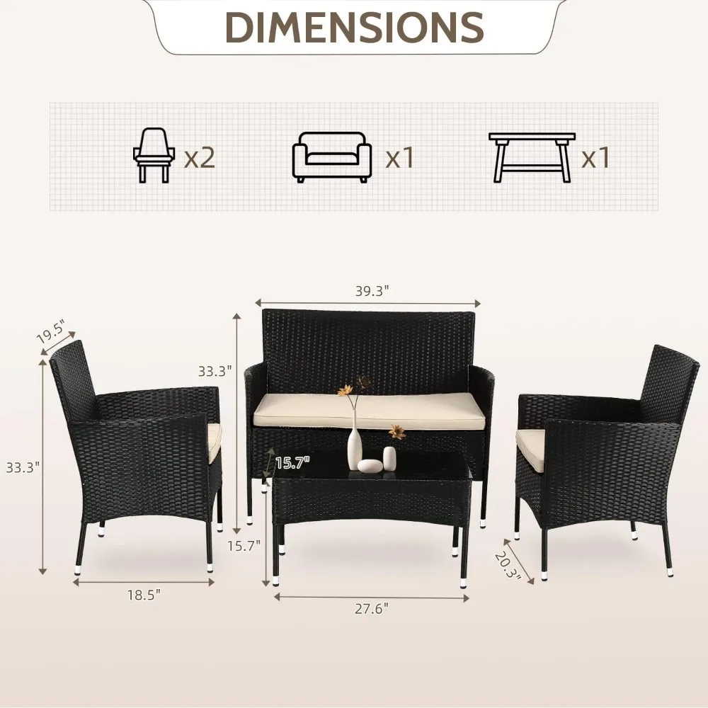 FDW-Conjunto de muebles para Patio, silla de mimbre para exteriores, sofá de mimbre, juegos de Bistro de conversación de jardín para Patio, piscina o Patio trasero, 4 piezas