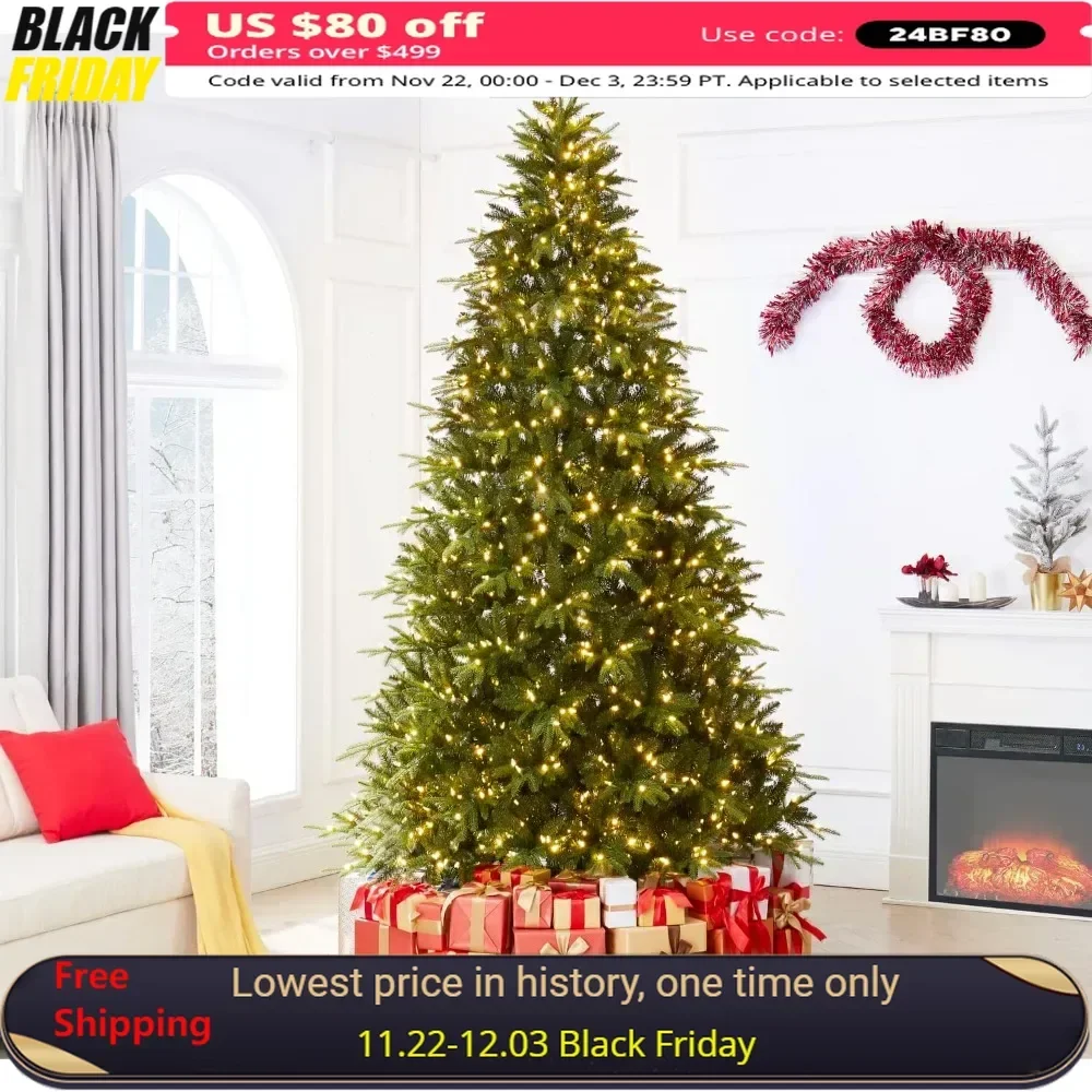 

9ft Christmas Tree with Lights, 2532 Branch Tips, 900 Warm Lights and Metal Stand, Aritificial Christmas Tree