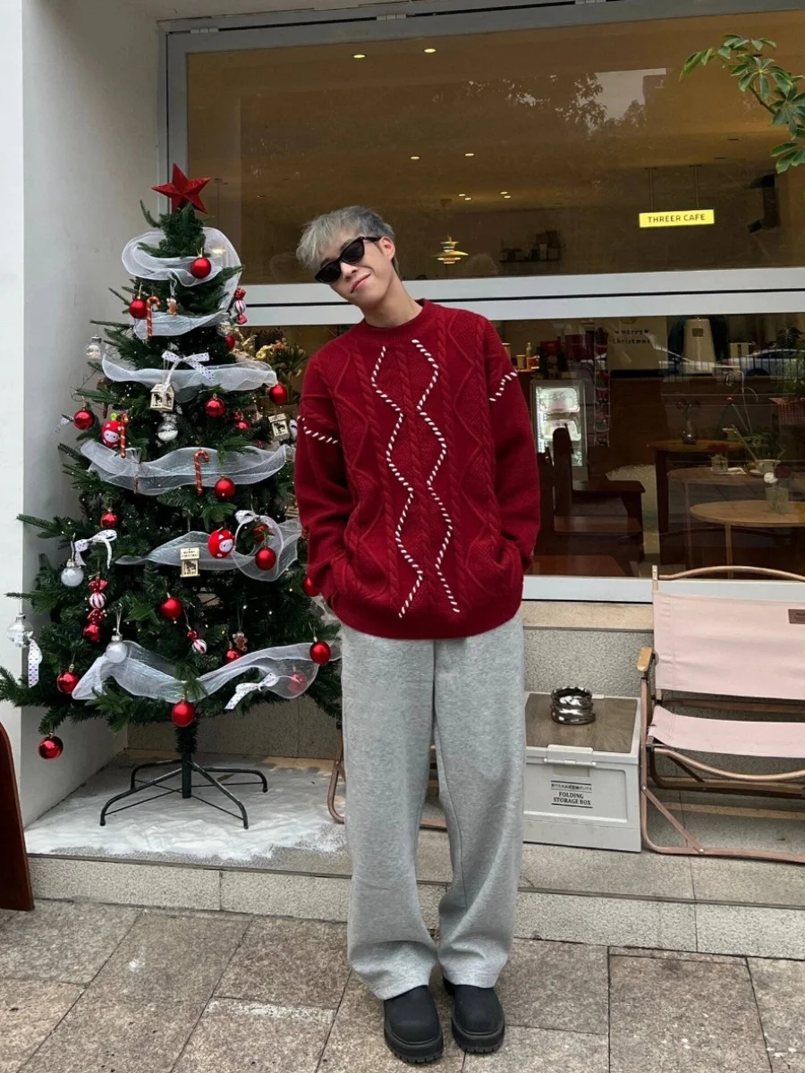 

Красный вязаный свитер для мужчин, новогодний, в стиле Дракона, для пар, повседневный, свободного кроя, с длинным рукавом, круглым вырезом, Cleanfit, зимний, модный.