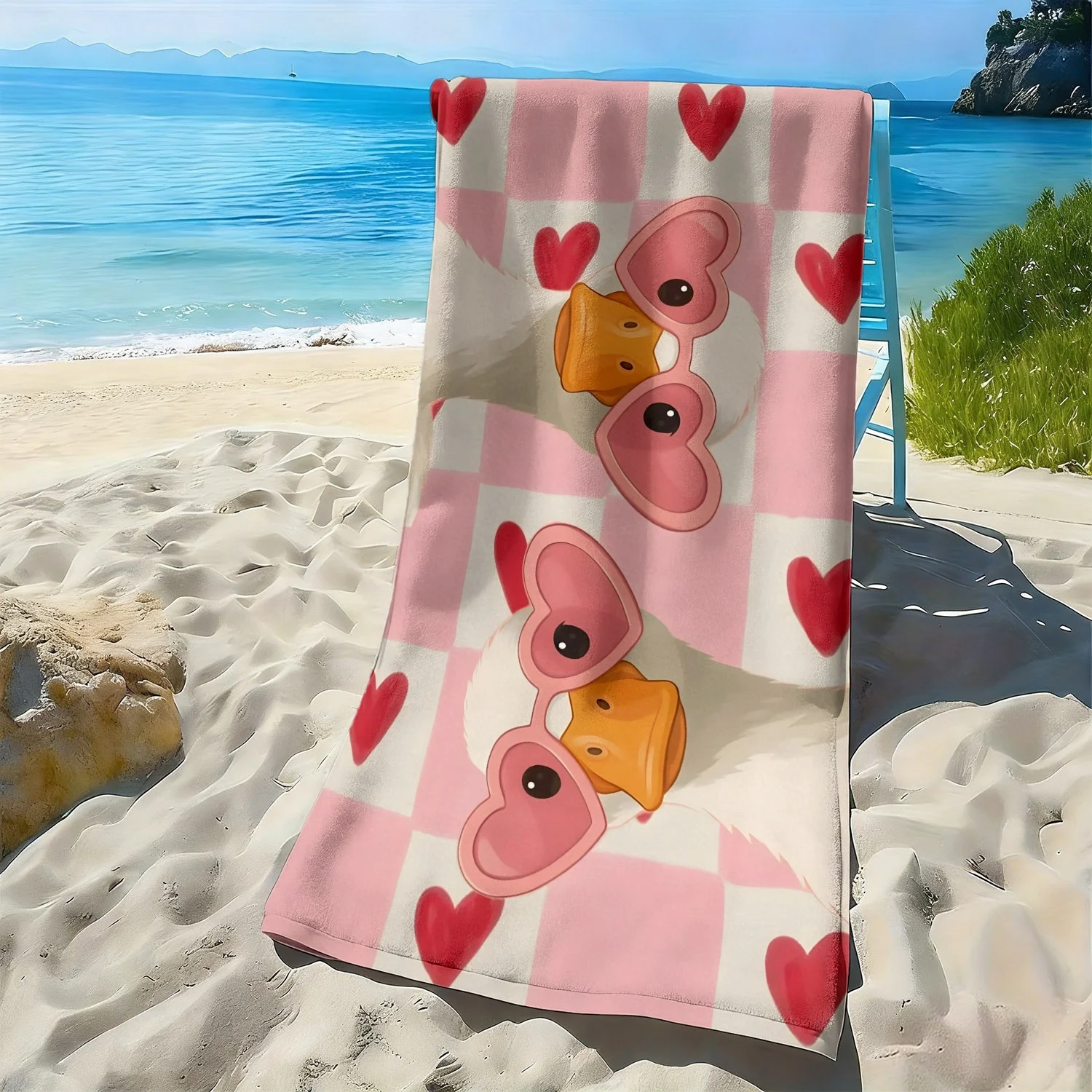 

Love Eyeglasses Duck Duck Theme polyester microfiber beach towel is highly absorbent, suitable for swimming and beach outings