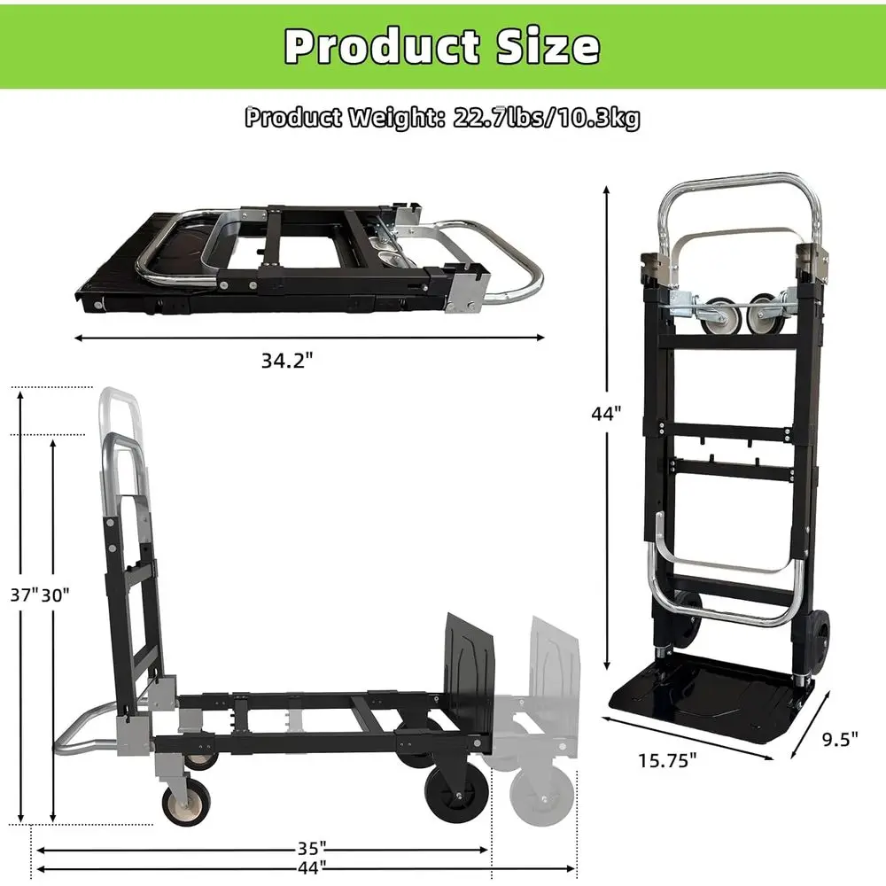 Carrinho utilitário dobrável 3 em 1, carga de 600 libras, carrinho dobrável durável com alça telescópica e 4 rodas de borracha para casa, fora