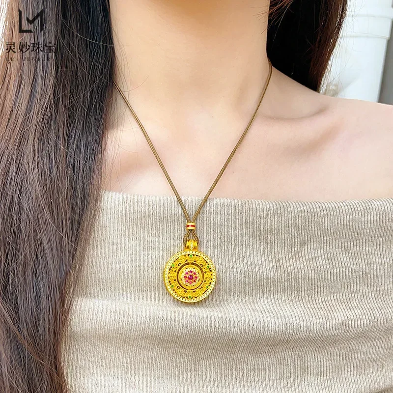 VivoGold VivoGold Luxury fashion 9999 24K real gold namel dot diamond silk compass pendant necklace rotatable Ruyi disc pendant