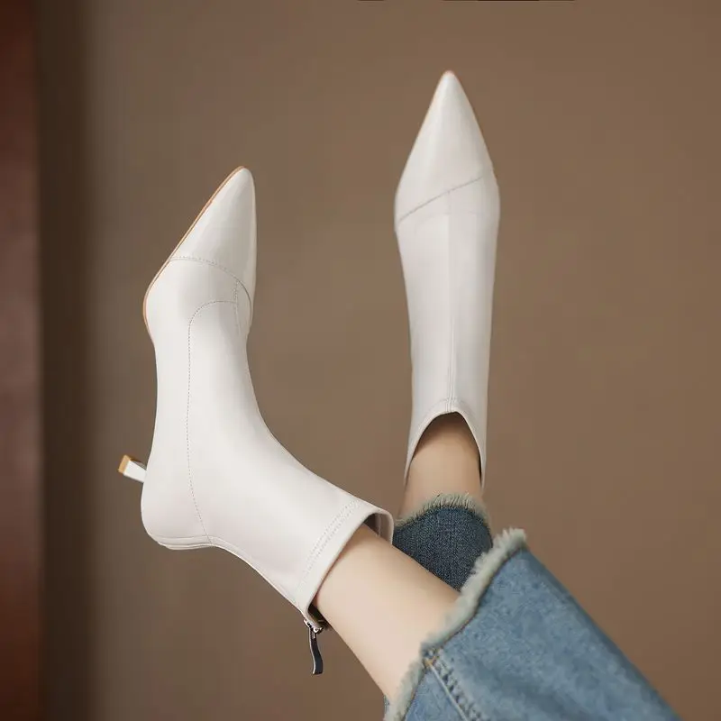 MORAZORA Size 34-44 Patent Genuine Leather Ankle Boots Pointed Toe High Heels Stretch Boots Fashion Ankle Boots For Women Shoes