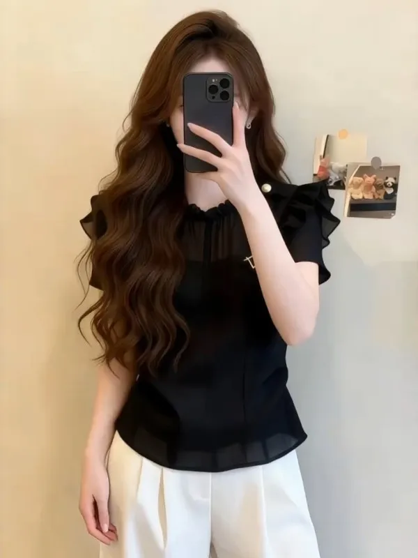 

Elegant round Neck Slim Fit Shirt Women's Summer High-End Black Floral Sleeve Short Sleeve Top Breathable Skin-Friendly Chine...