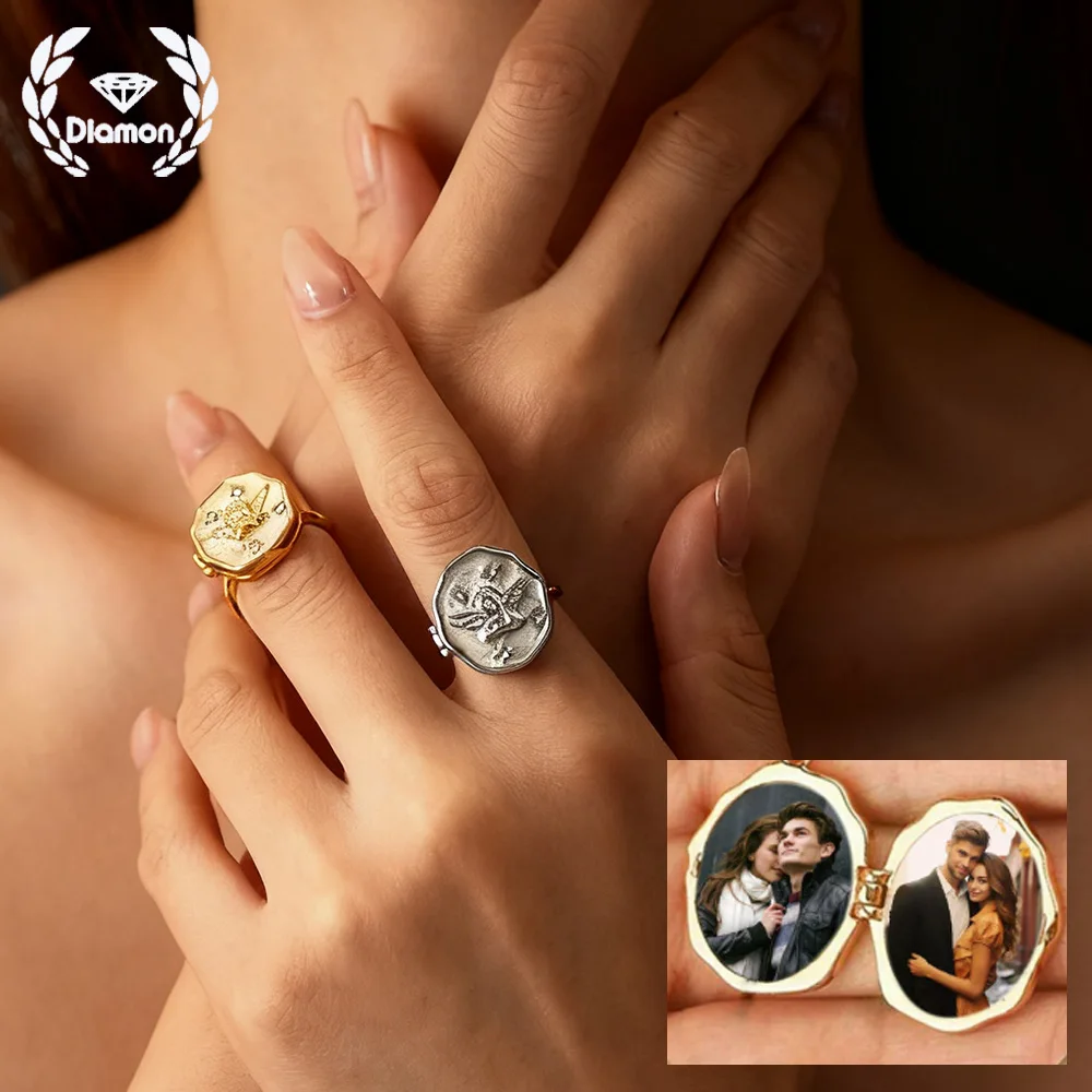 Diamon Angel Colorful Photo Ring Frame Female Stainless Steel Jewelry Memorial for Women Valentine Love Gift