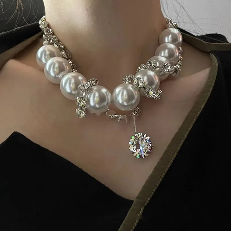 Luxury Punk Style Cubic Zirconia Beaded Necklace Exaggerated Pearl Necklaces Women\'s Delicate Jewellery Exquisite Trendy Jewelry