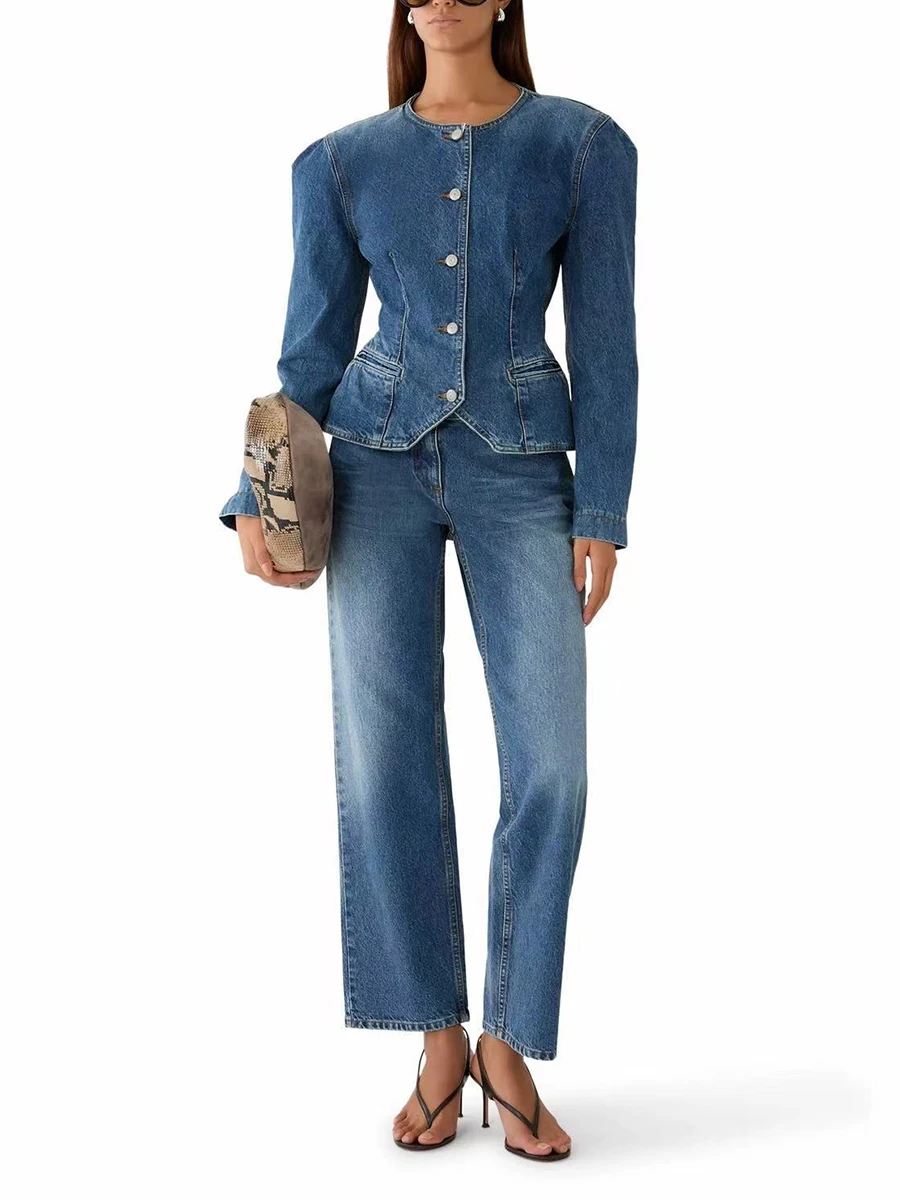 TWOTWINSTYLE Vintage Round Neck Denim Jacket for Women Padded Shoulder Single Breasted Slim Blue Long Sleeve for Street Coat