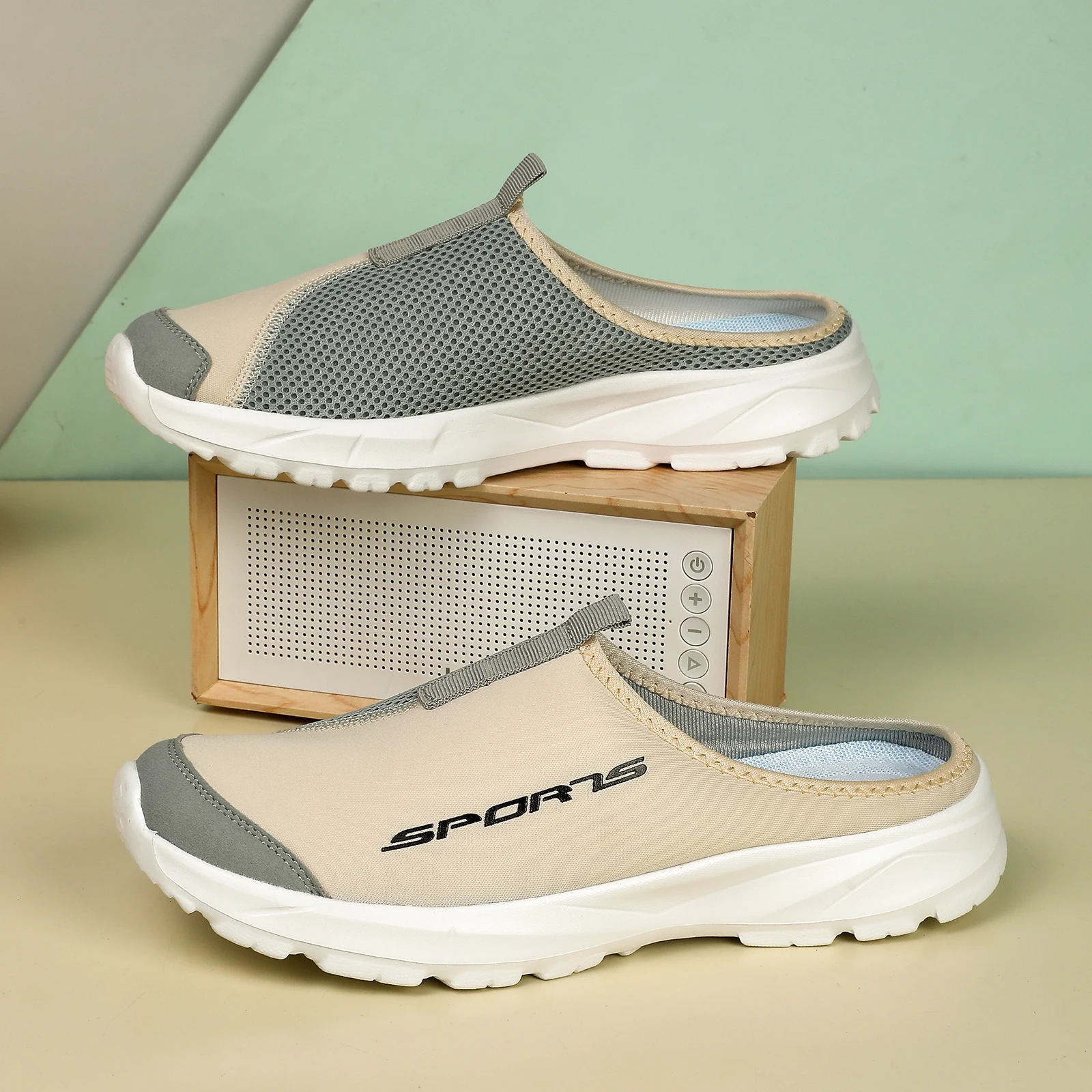 Men's Slippers, Semi Open Toe Shoes, Air Layer Mesh Breathable EVA Anti Slip Lightweight Casual Shoes, Barefoot Women's Shoes