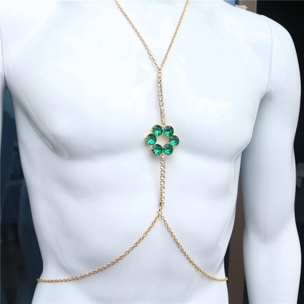 Simple Fashion Rhinestone Bra Necklace Summer Beach Party Ultra Flash Green Crystal Flower Form Body Chain Chest Chain Jewelry