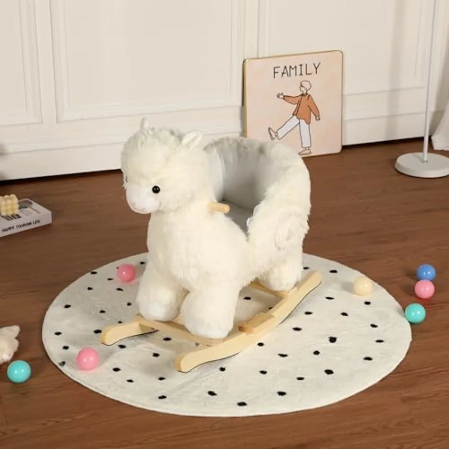 Alpaca Rocking Horse with Lullaby, Hand Puppets and Safety Belt, Wooden Stuffed Animal Rocker for Ages 1-3, Boys and Girls, Nur