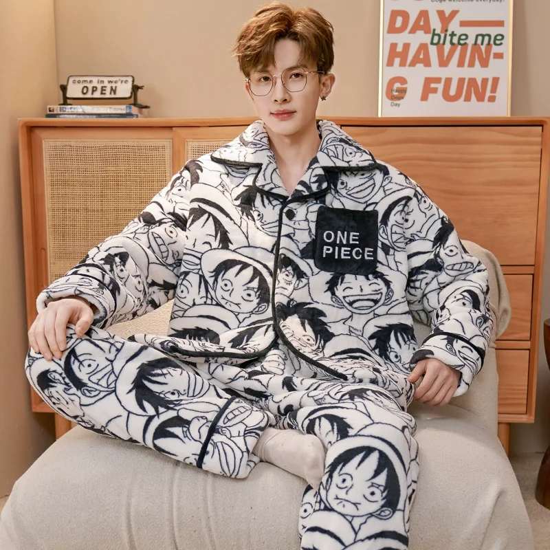 One Piece Luffy Zoro Men'S Winter Thickened Coral Fleece Pajamas