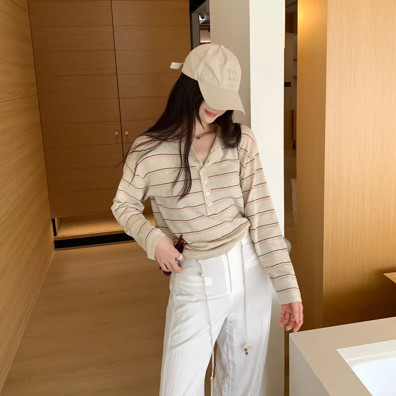 QICHE New 2026 Women European Unique Contrast‑Color Striped V‑Neck Button‑Up Long‑Sleeve Knit Fall Top