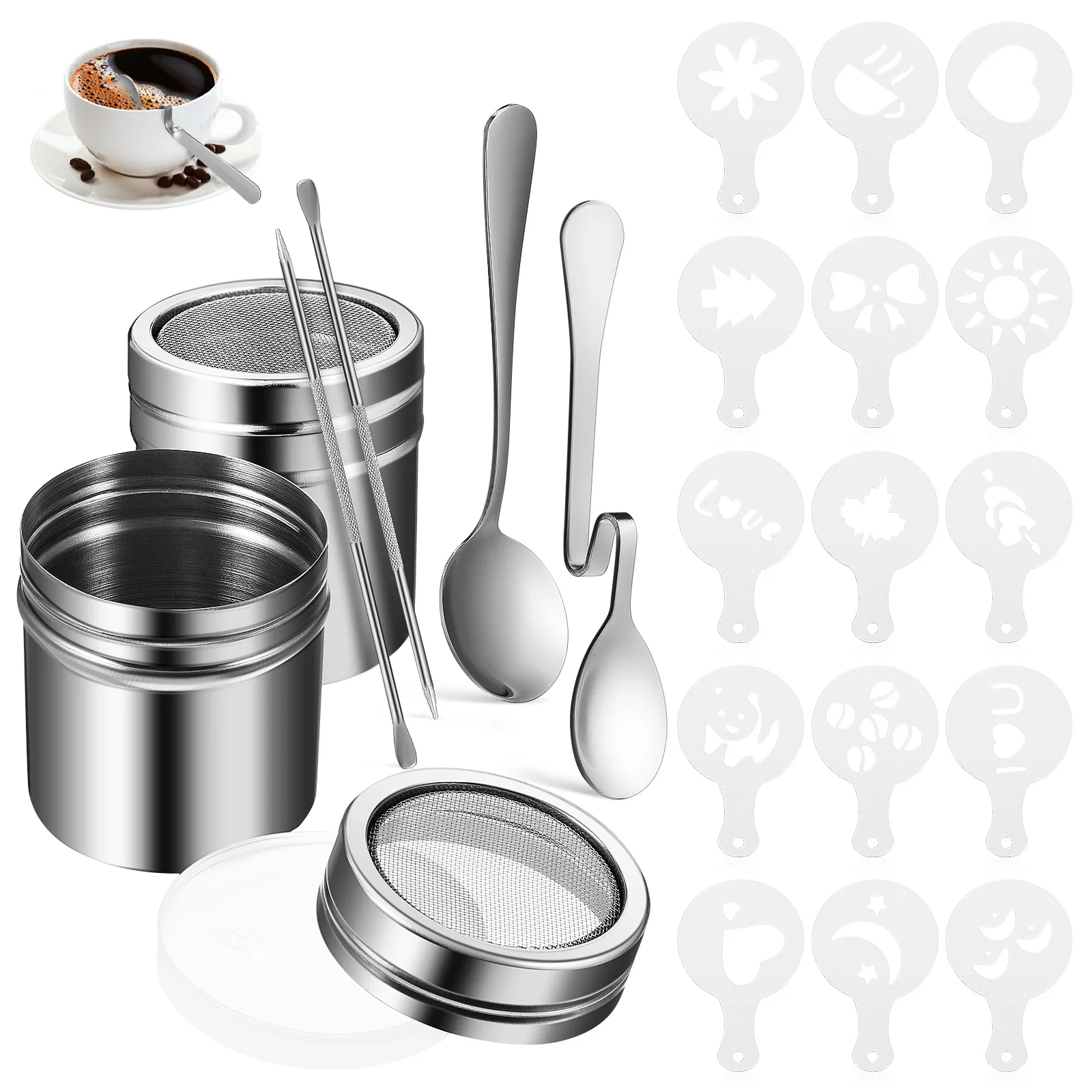 

2 s Template Set Latte Stencils 15 Stencils 2 Latte Pens Powder Shaker Spoons Baking Tools Kit Stainless Steel