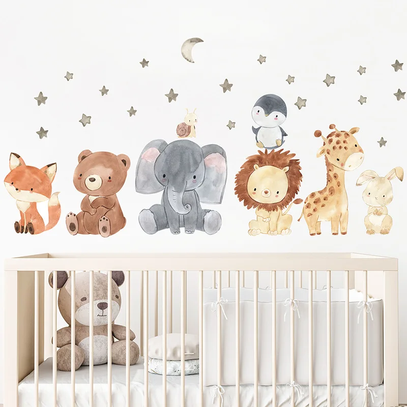 1pcs Cartoon Watercolor Elephant Lion Giraffe Star Rainbow Wall Stickers Baby Nursery Kids Room Playroom Wall Decal Home Decor