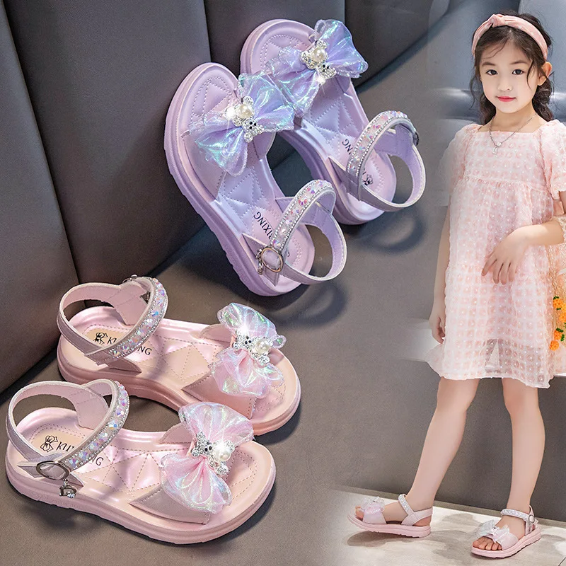 

Girls Sandals Beach shoes Summer Sweet Princess Kids Fashion Princess Solid Children Soft Rhinestones Flower Shine Party Shoes