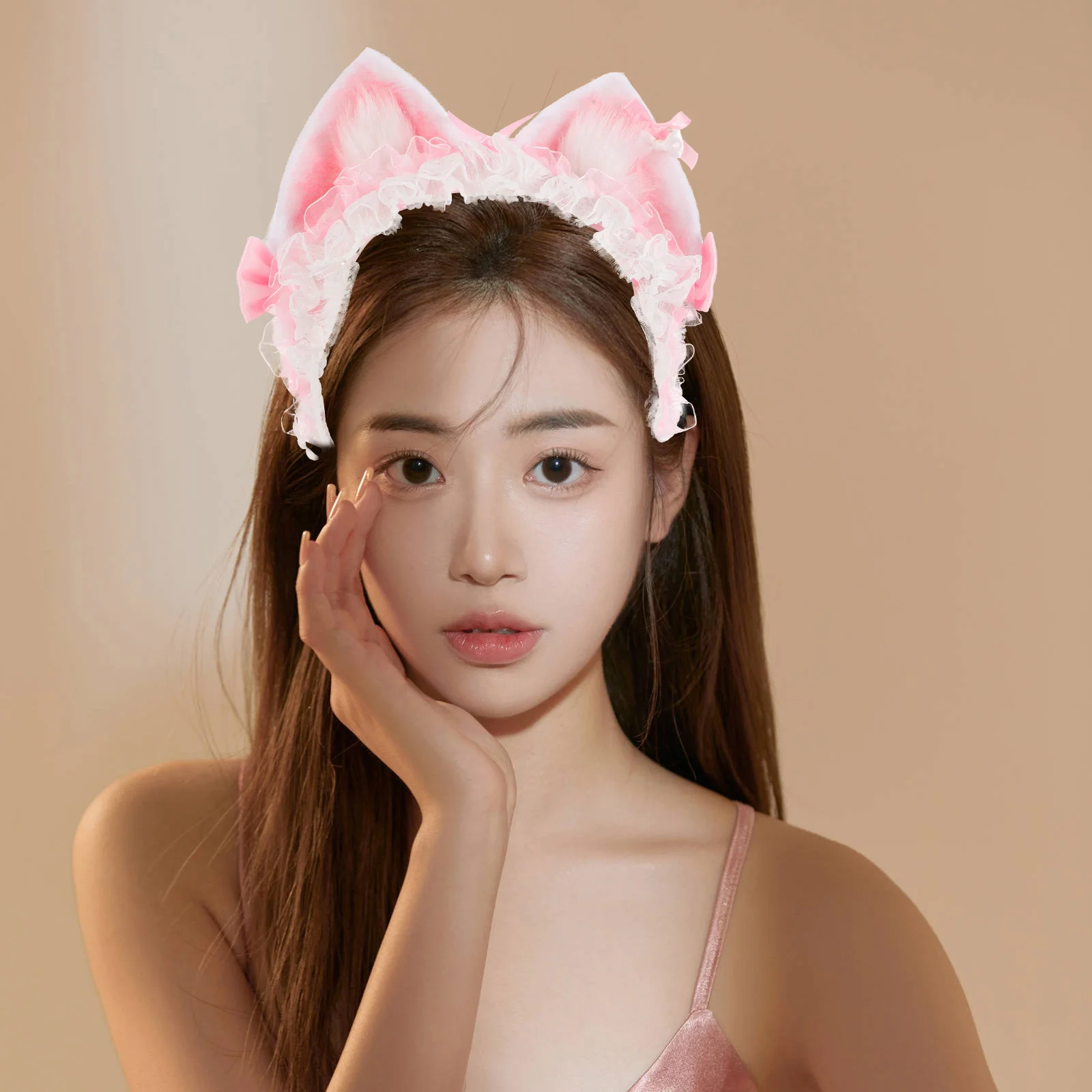 Handmade Pink Lace Cat Ears Headband Elegant Lolita Maid Hair Band Cosplay Party Headgear Cute Costume Accessory Women Girls