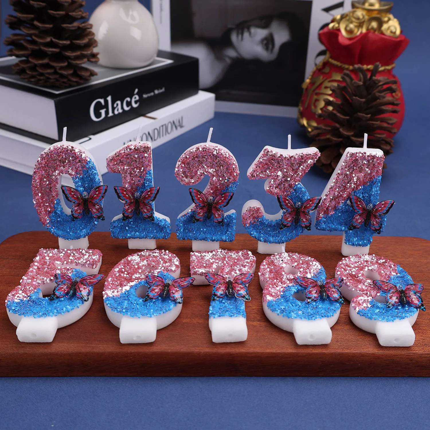 Pink and blue butterfly-shaped digital birthday candles, anniversary candles for special occasions, party gifts