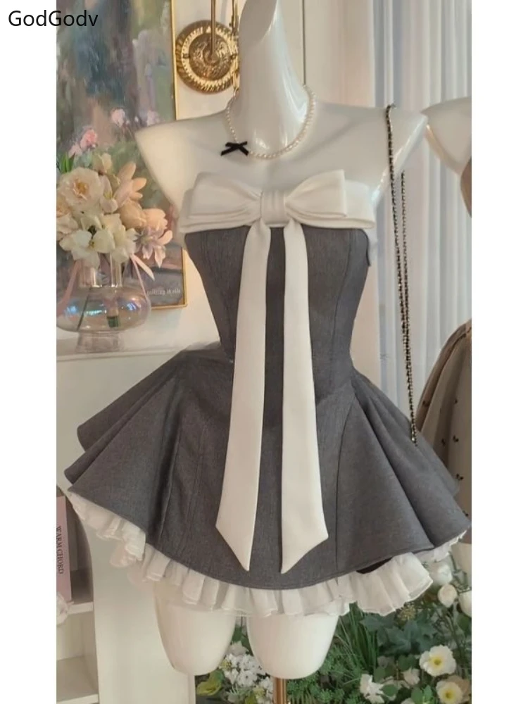 프렌치 빈티지 우아한 여성 신상 드레스 스트랩리스 리본 패치워크 하이웨이스트 퍼프 미니 드레스 여성 프렌치 시크 섹시 의상 2025