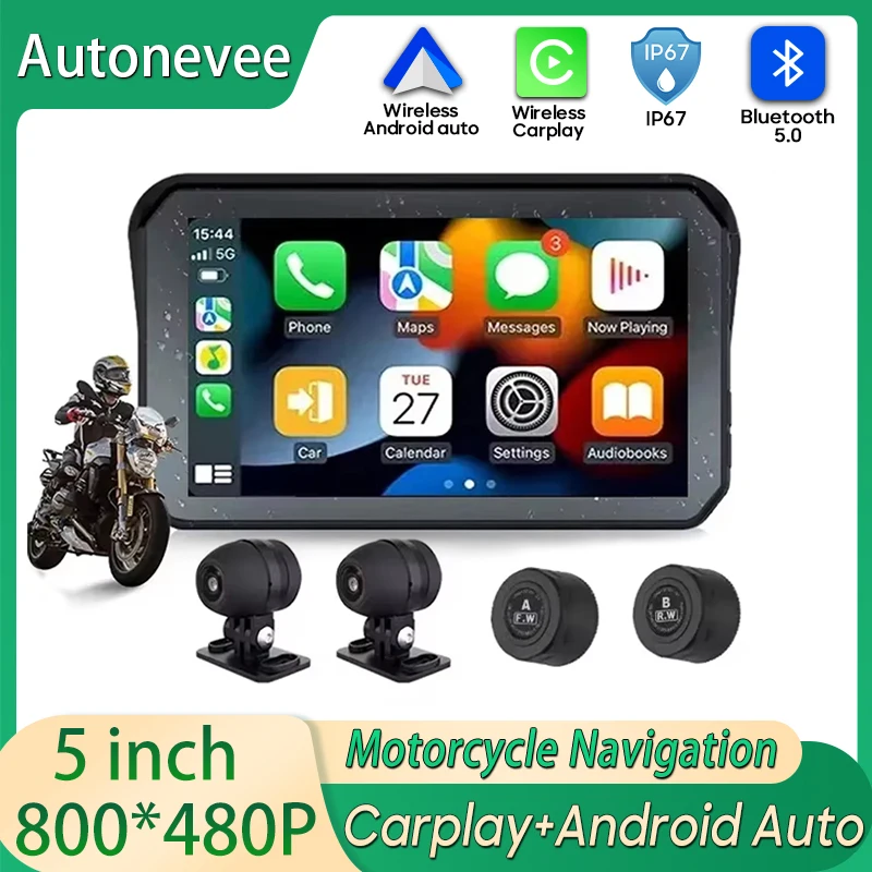 

5 inch Motorcycles Navigation GPS DVR Wireless CarPlay Android Auto Portable Smart Display IPX7 Waterproof HD Recording Camera