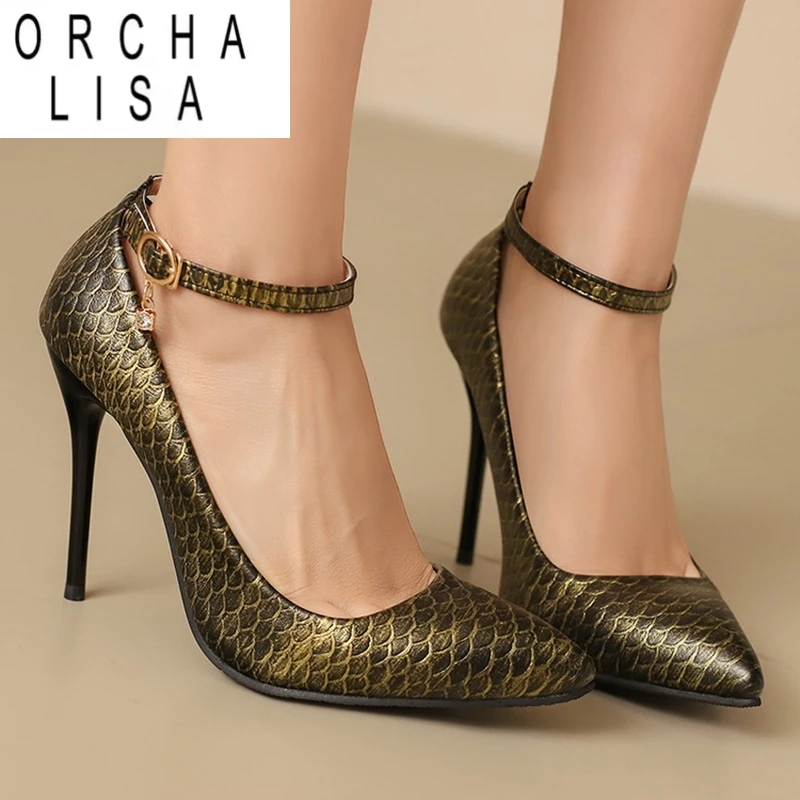 

ORCHA LISA Летние сексуальные женские туфли-лодочки в стиле панк с круглым носком 10 см Stilleto на каблуке с ремешком на щиколотке и пряжкой Золото Серебро Коричневый Большой размер 46 48 49 50