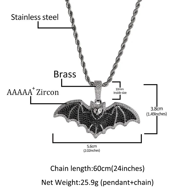 Hip Hop Black CZ Stone Paved Bling Iced Out BAT Pendants Necklaces for Men Rapper Jewelry Gift Drop Shipping