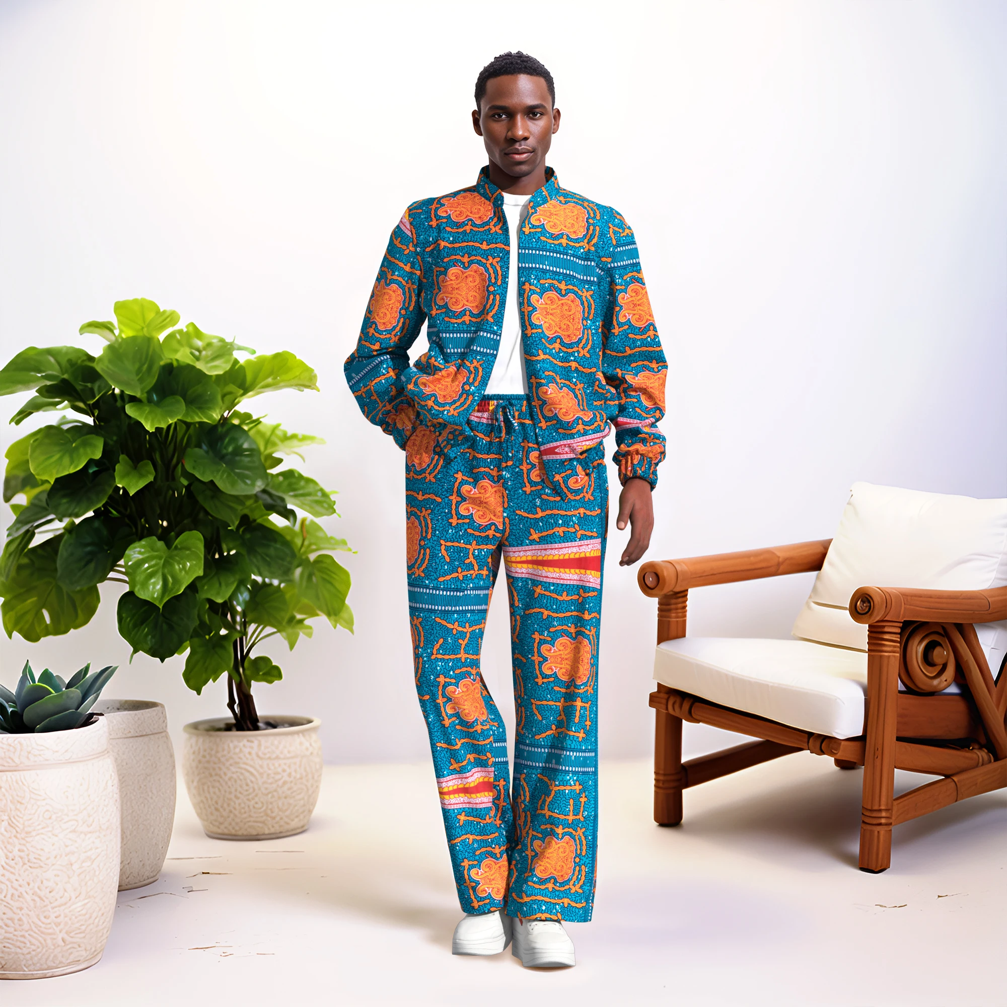 Kente Cloth Style Men's Set Vibrant Geometric Pattern Jacket and Pants African Style Casual Sportswear wyn2331