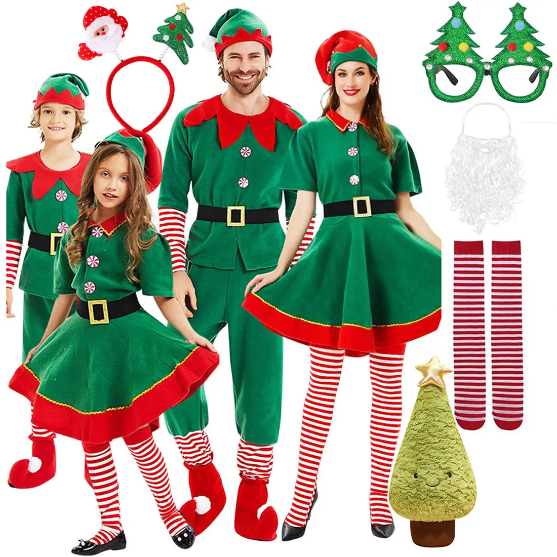

Christmas Parent-Child Family Party Adults + Children Play Santa Claus Green Elf Costumes + Accessories Set 2025 New Year Gift
