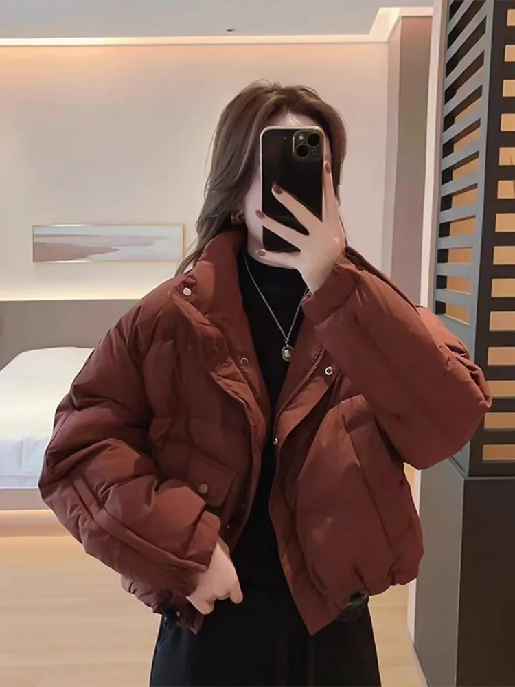 

Красное хлопковое пальто-бомбер для женщин, модное, с воротником-стойкой, короткое, в корейском стиле, утепленное, зимнее, верхняя одежда