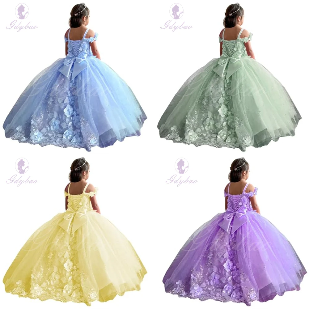 Sky Blue Applique Flower Girl Dress Purple Tulle Puffy Shining For Wedding Kid Birthday Party Princess First Communion Ball Gown