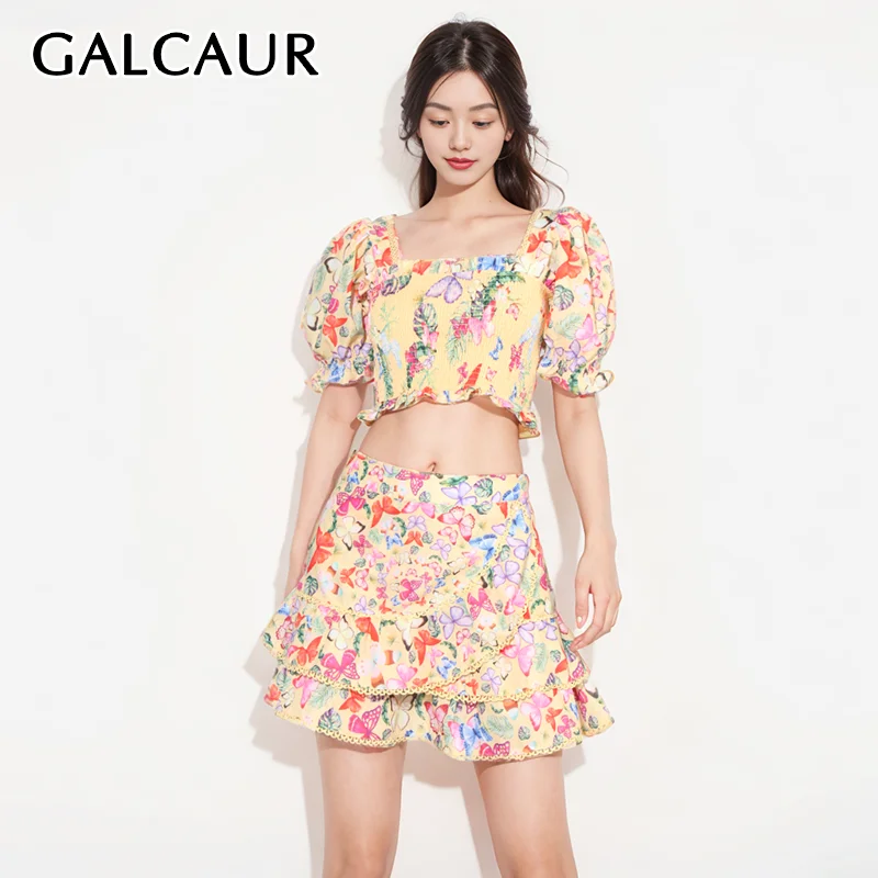 GALCAUR Temperament Hit Color Two Piece Set For Women Square Collar Puff Sleeve Tops High Waist Print Mini Skirt Sets Female New