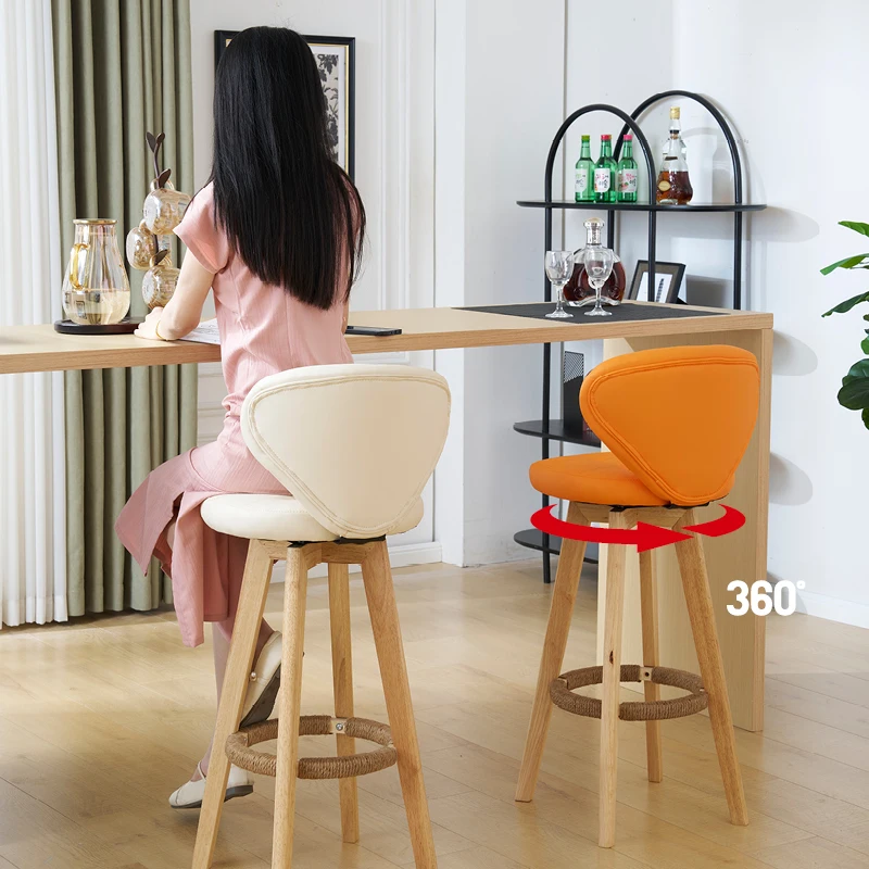 Modern simple solid wood high stool Household light luxury high chair Backrest rotating bar chair Front desk high stool